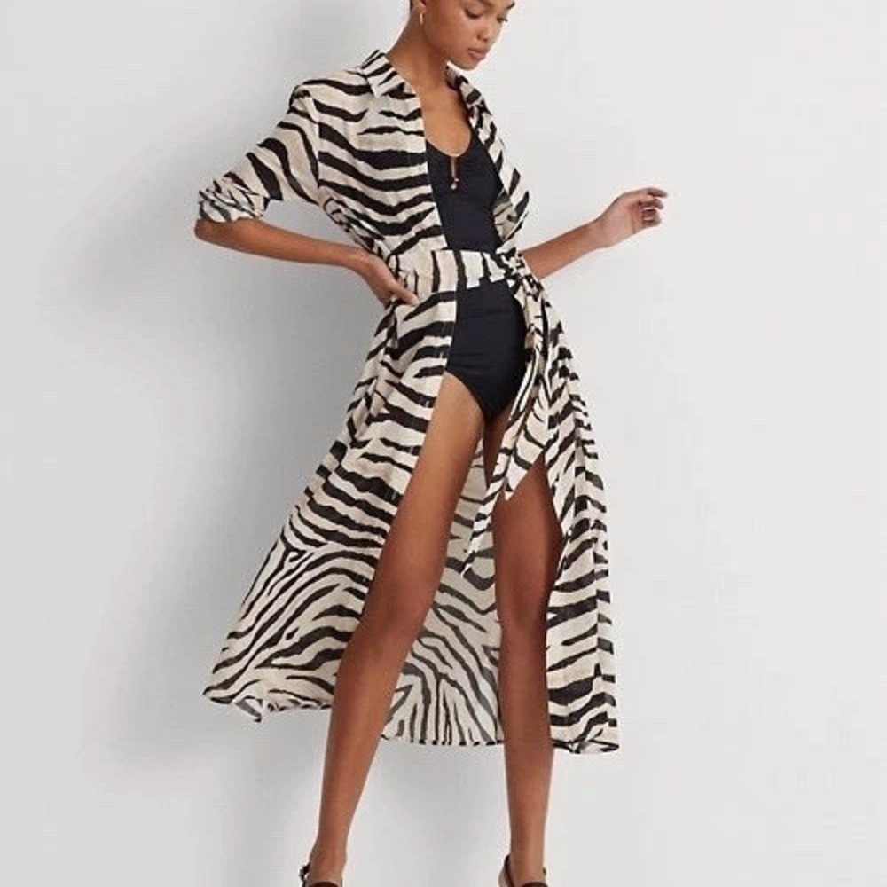 Lauren Ralph Lauren Zebra-Print Midi Shirtdress Cover-Up XS Belted Cotton Safari